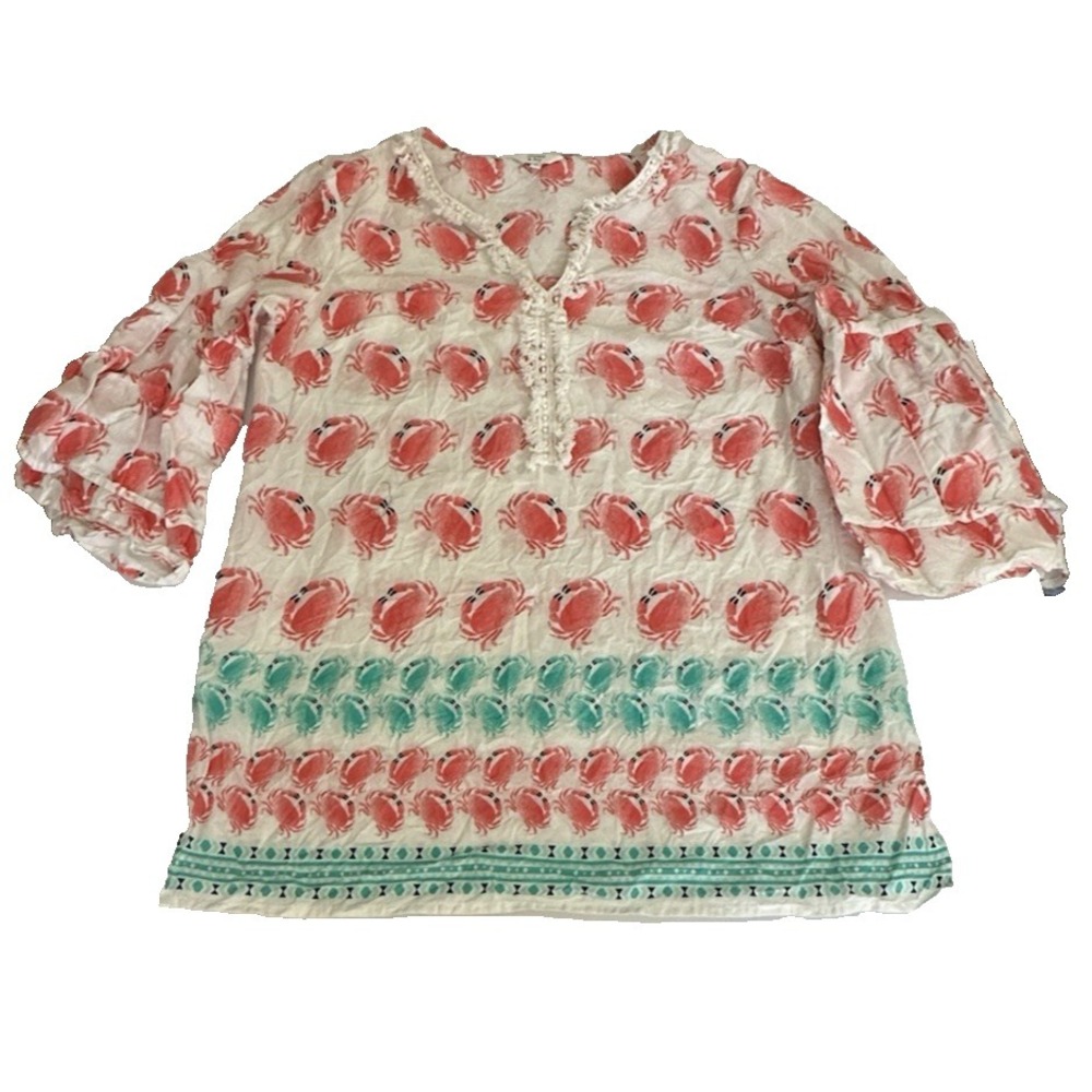 Crown & Ivy Crab Print Peasant Blouse Women's Medium Coastal Beach Top